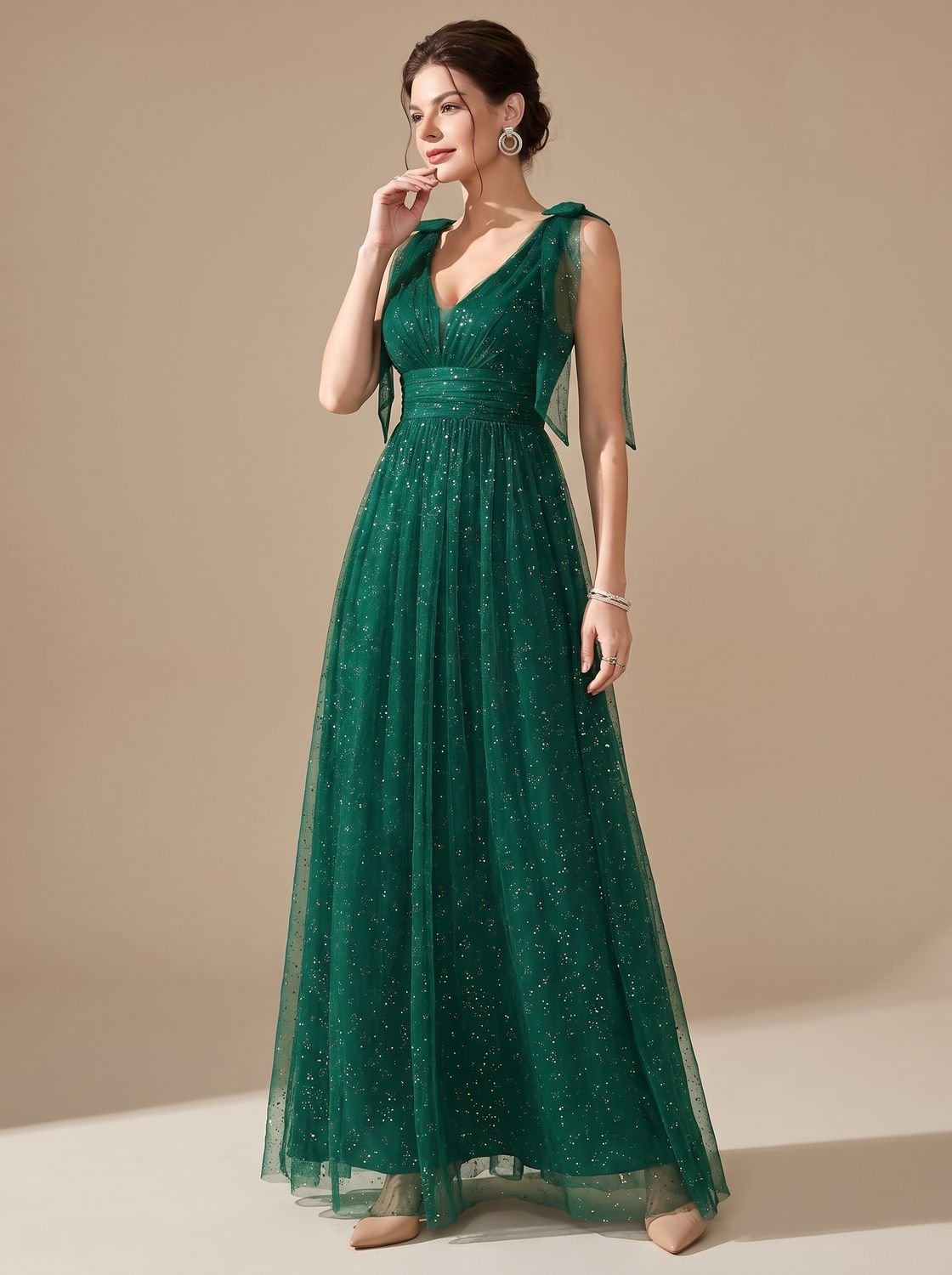 Penelope | Women's Glitter Sequin V-Neck Sleeveless Floor-Length Formal Dress