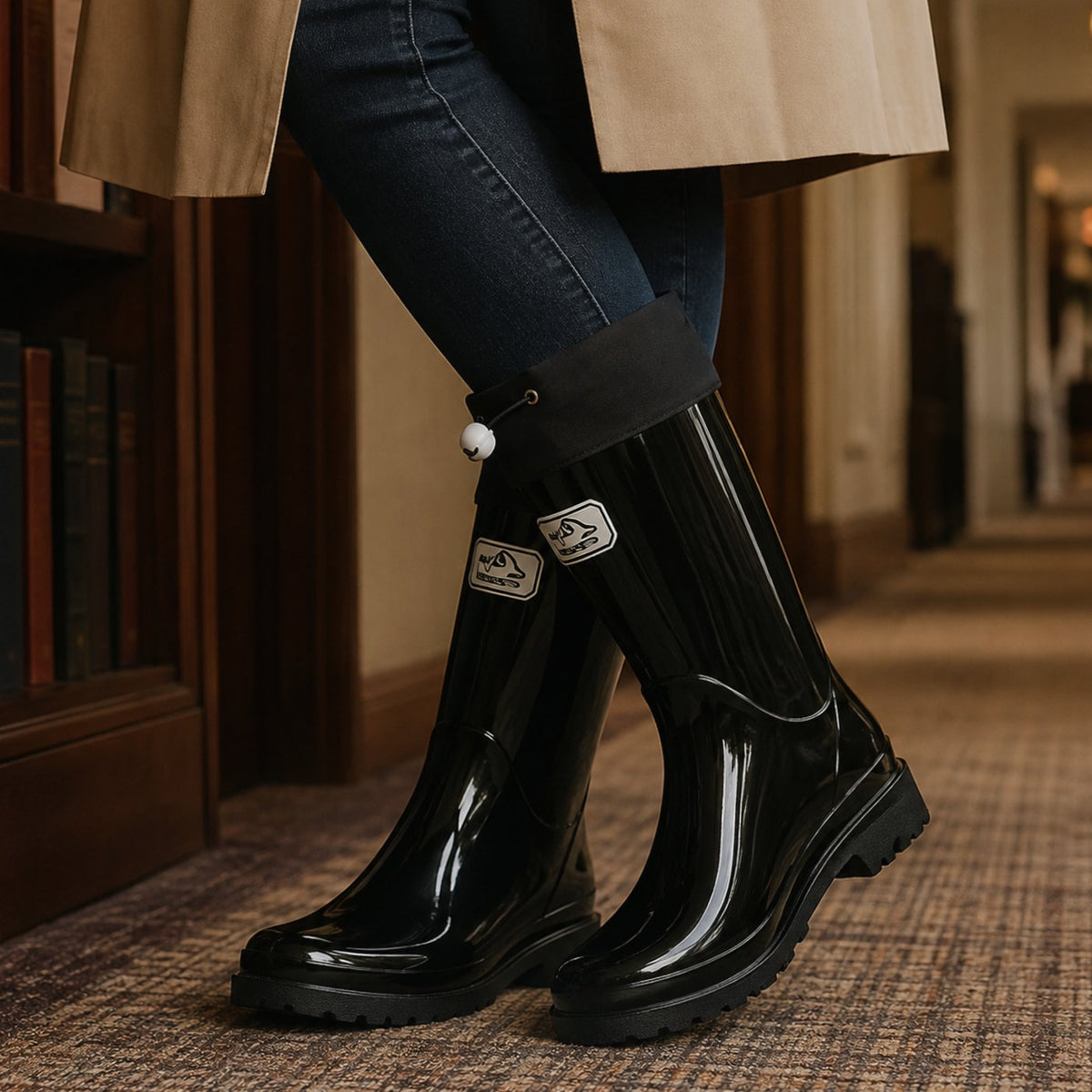 Evelyn | Women's Glossy Rubber Drawstring Knee-High Rain Boots
