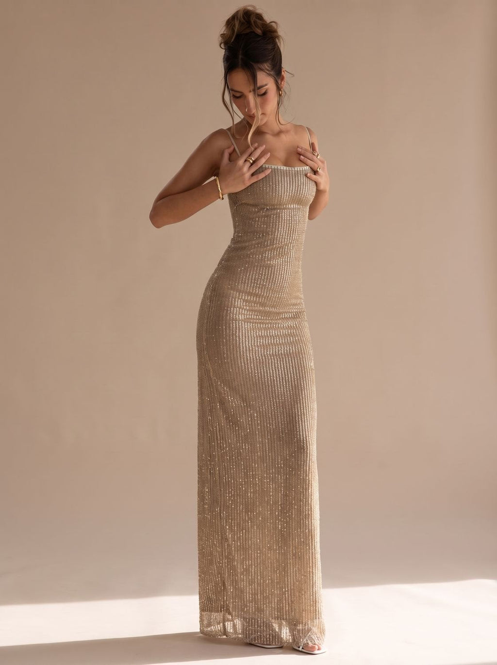 Grace | Women's Gold Glitter Spaghetti-Strap Bodycon Maxi Christmas Party Dress