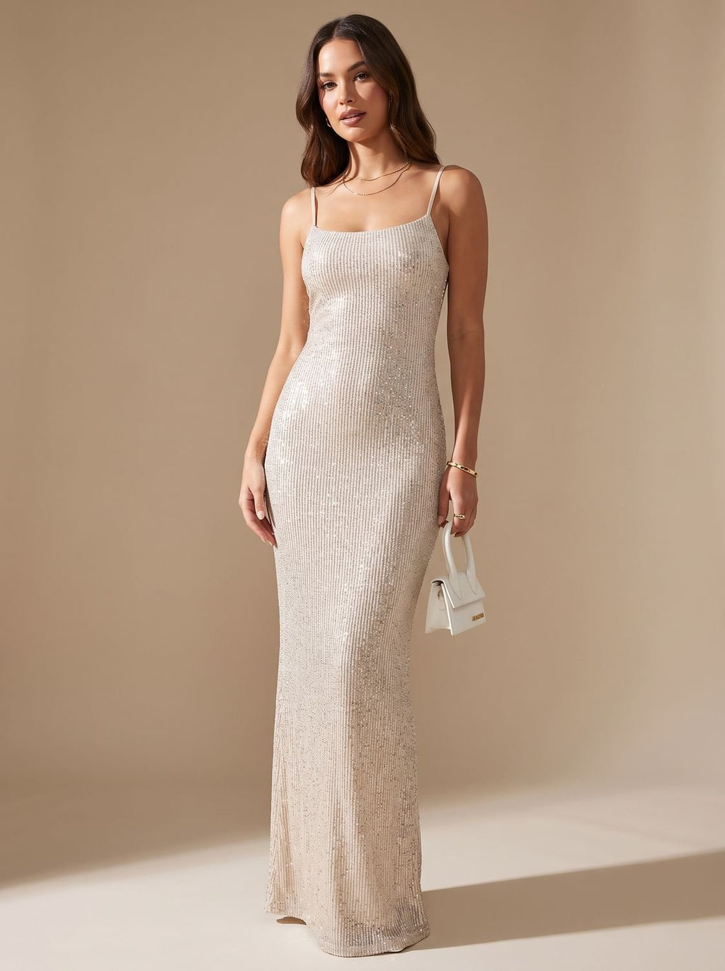 Grace | Women's Gold Glitter Spaghetti-Strap Bodycon Maxi Christmas Party Dress