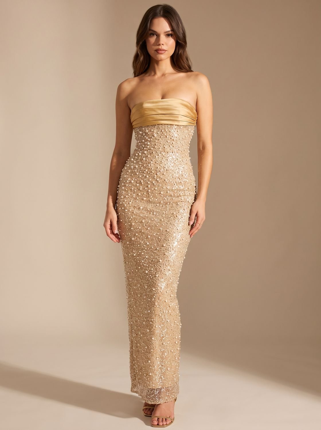 Isabella | Women's Gold Sequin Strapless Fitted Maxi Dress