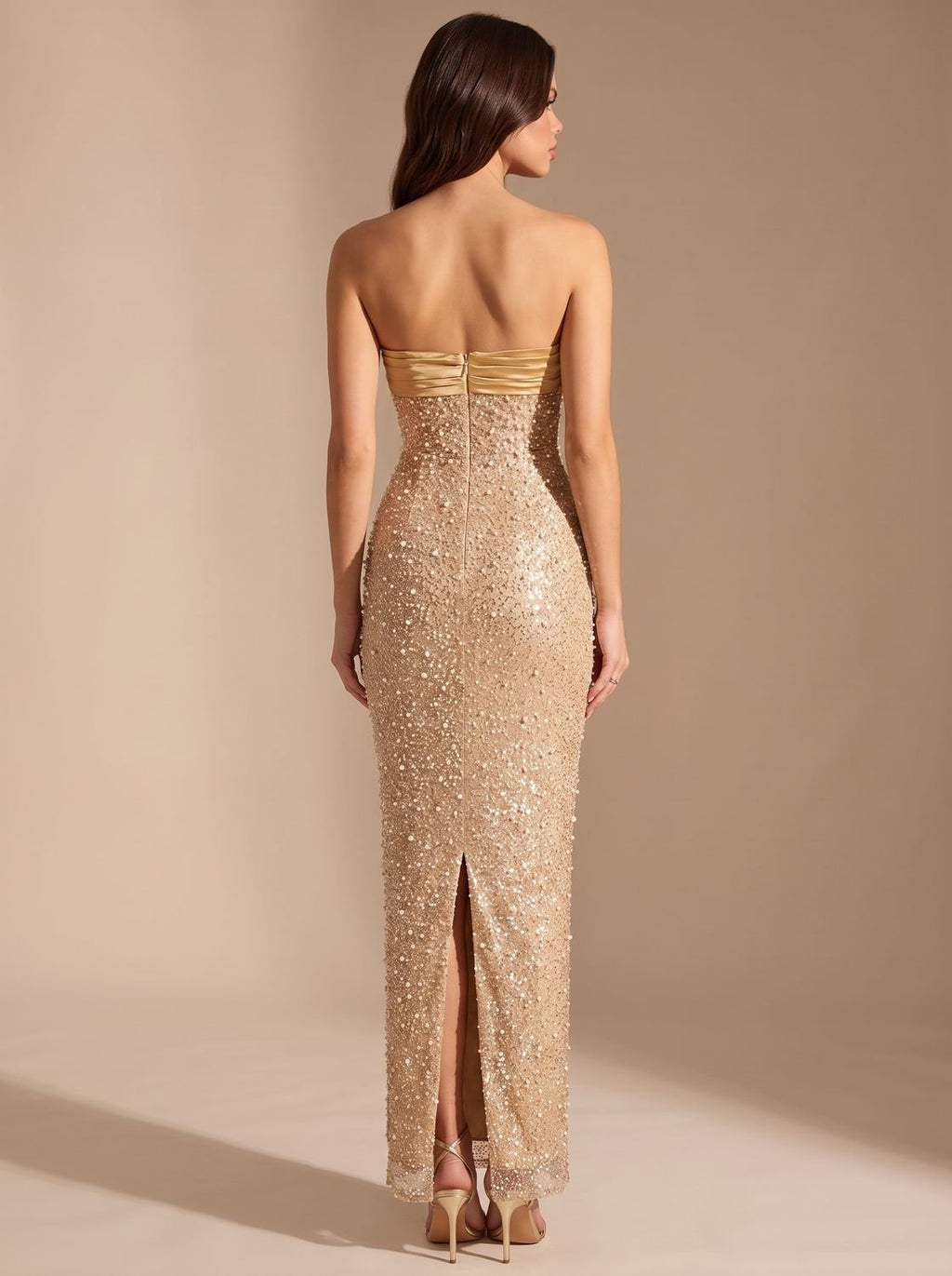 Isabella | Women's Gold Sequin Strapless Fitted Maxi Dress
