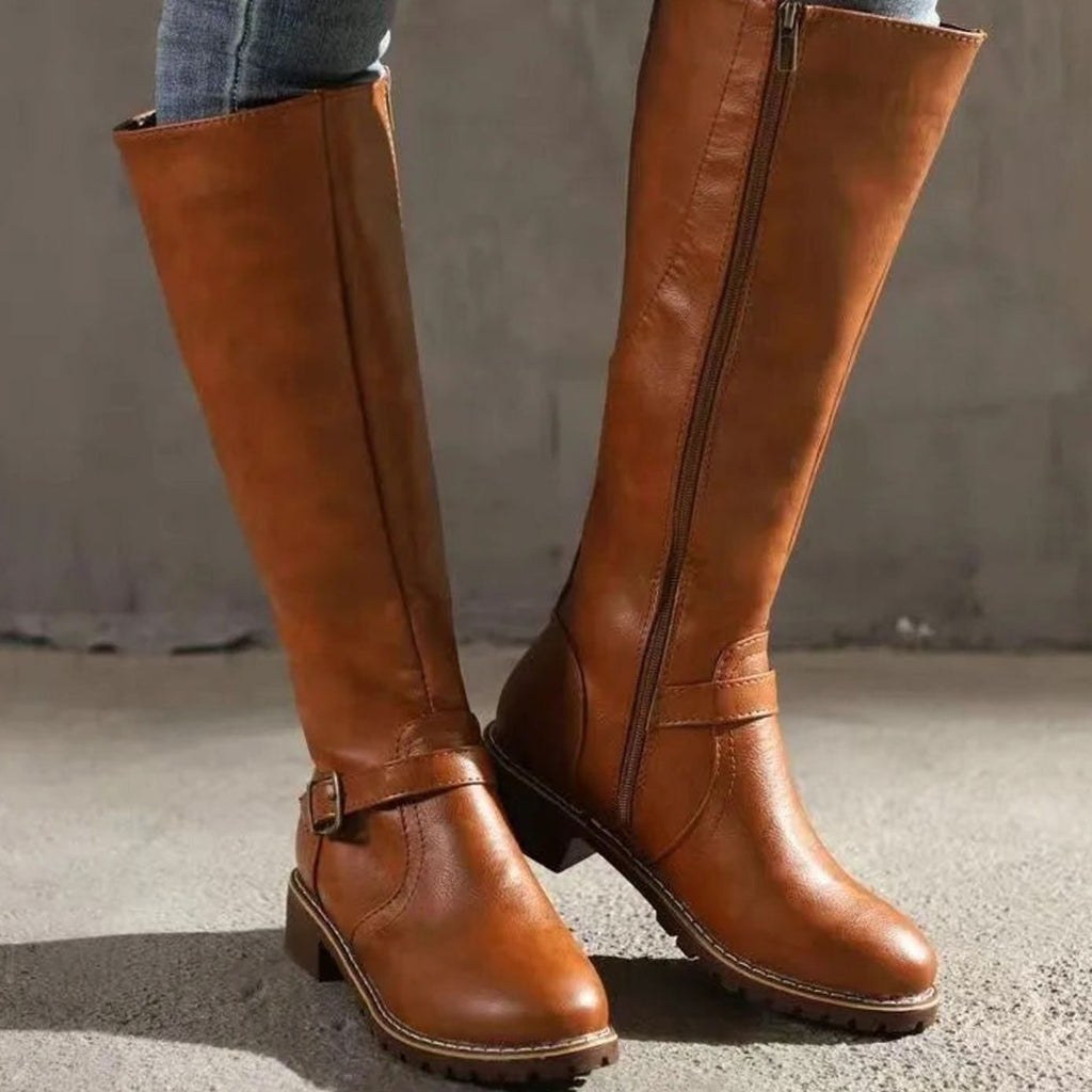 Women's Knee-High Buckle-Strap Riding Leather Boots