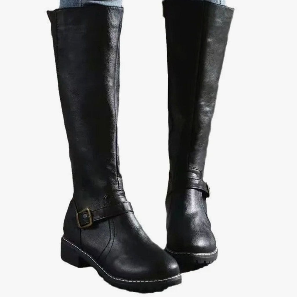 Women's Knee-High Buckle-Strap Riding Leather Boots