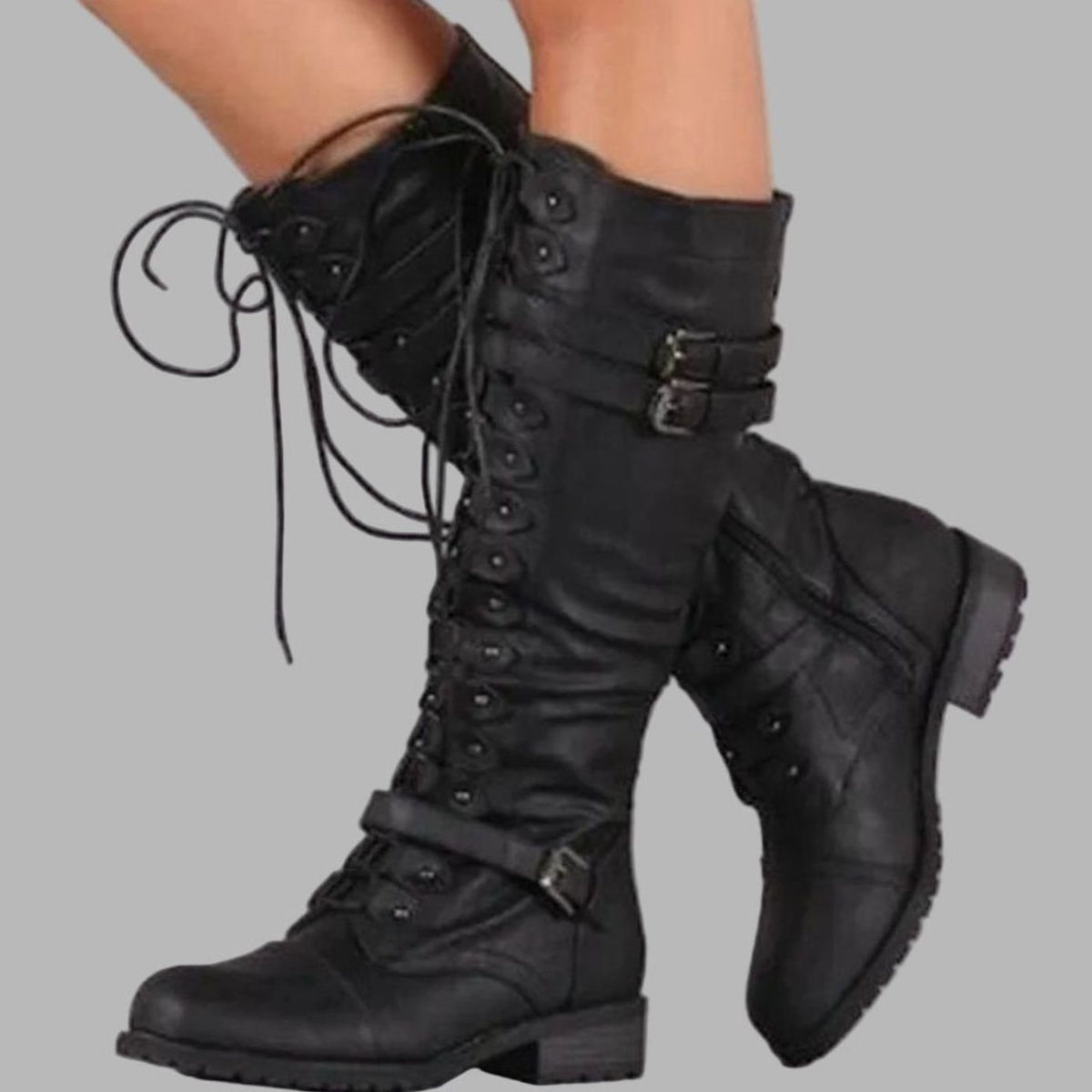 Women's Knee-High Lace-Up Buckle Strap Combat Boots