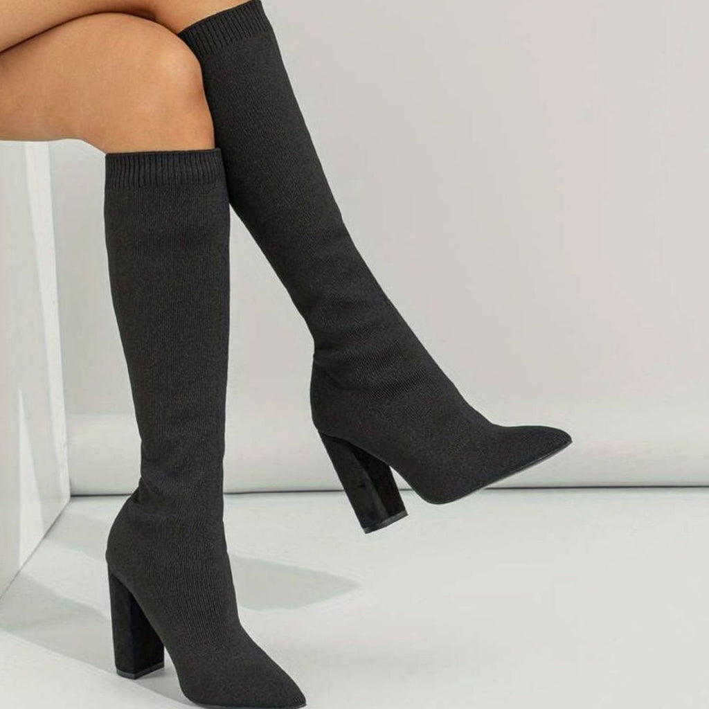 Women's Knitted Knee-High Block Heel Sock Boots