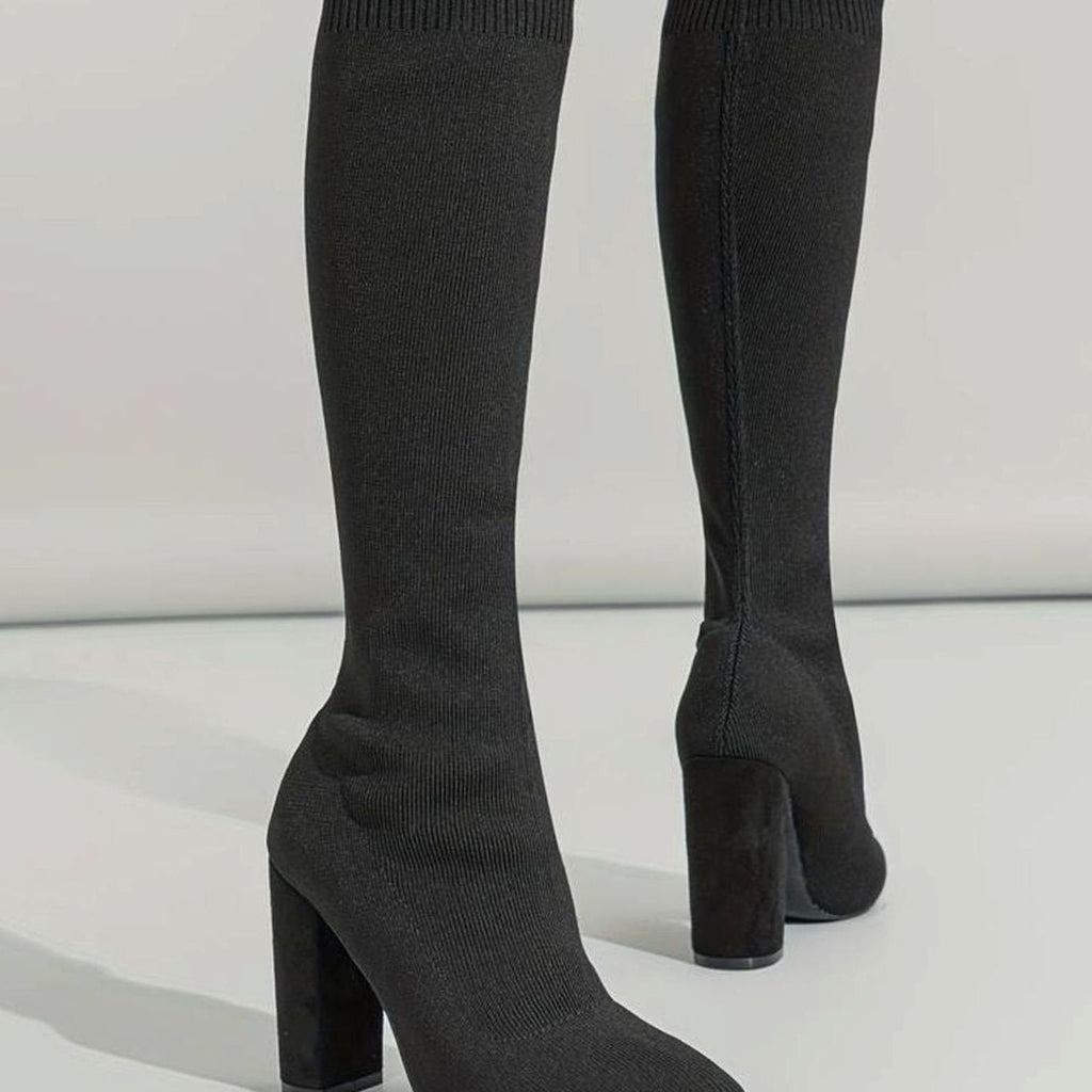 Women's Knitted Knee-High Block Heel Sock Boots