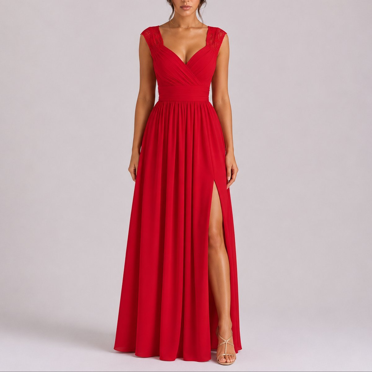 Women's Lace-Shoulder Wrap-Bodice Side-Slit Fall Wedding Guest Dress