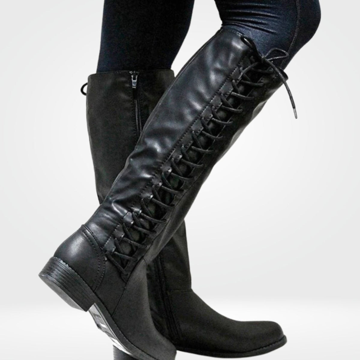 Layla | Women's Lace-Up Back Knee High Boots Low Block Heel