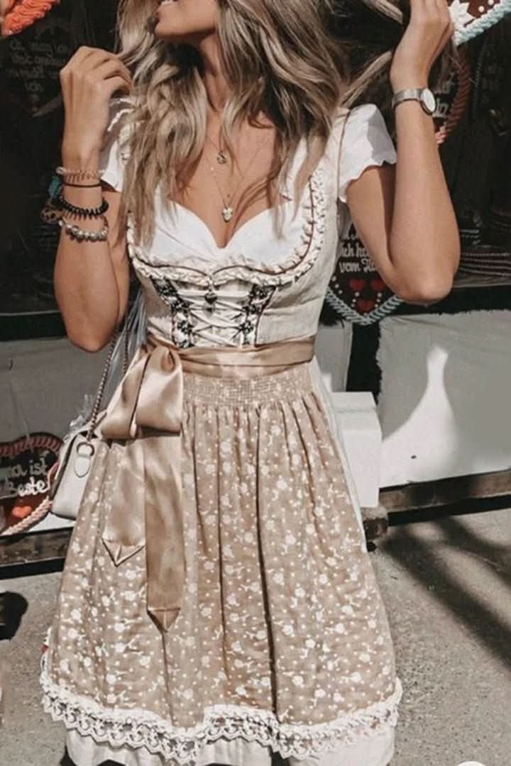 Greta | Women's Lace-Up Corset Sweetheart-Neckline Floral Dirndl Midi Dress