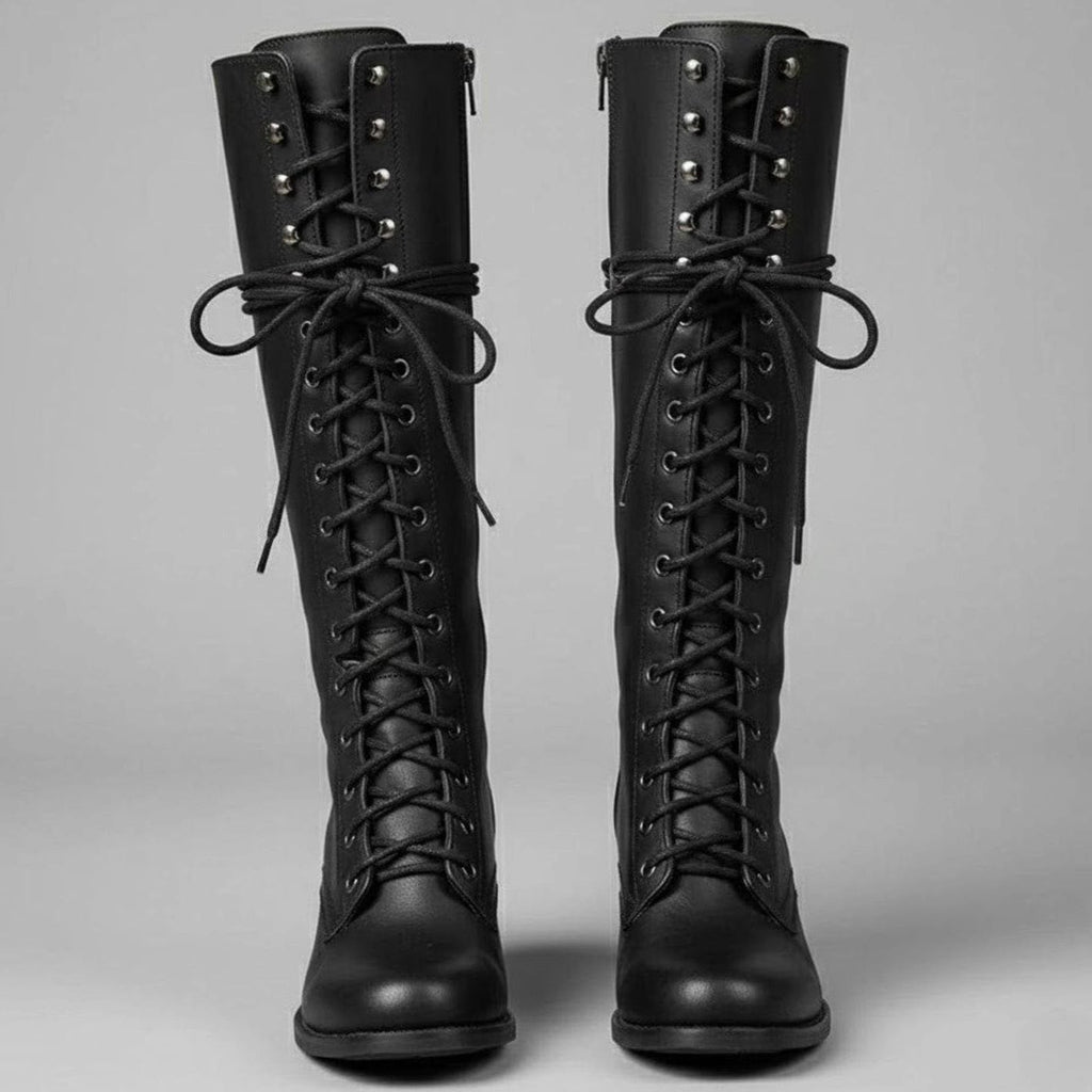 Women's Lace-Up Studded Knee-High Boots Block Heel