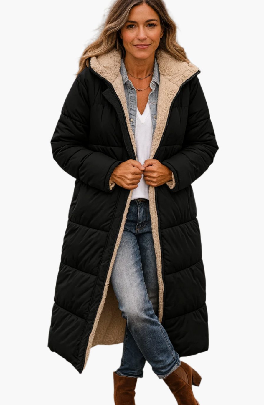 Women's Long Quilted Sherpa-Lined Hooded Winter Coat