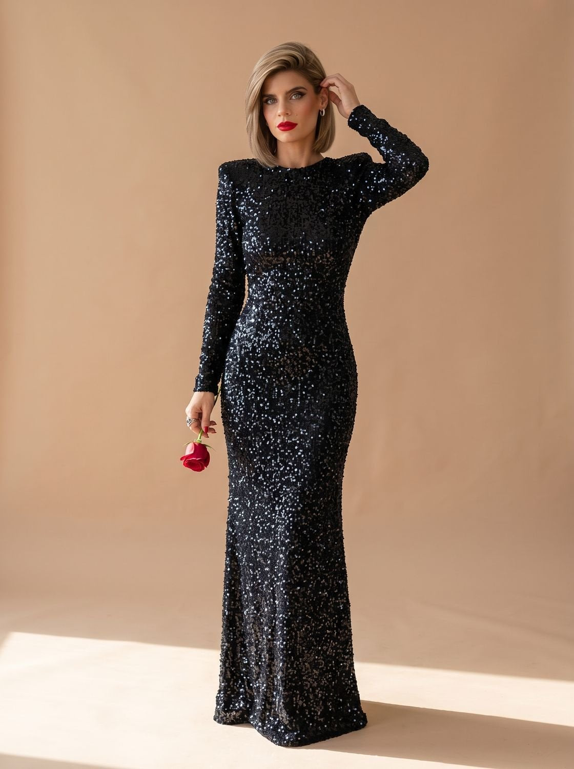 Emma | Women's Long-Sleeve Open-Back Sequin Maxi Dress