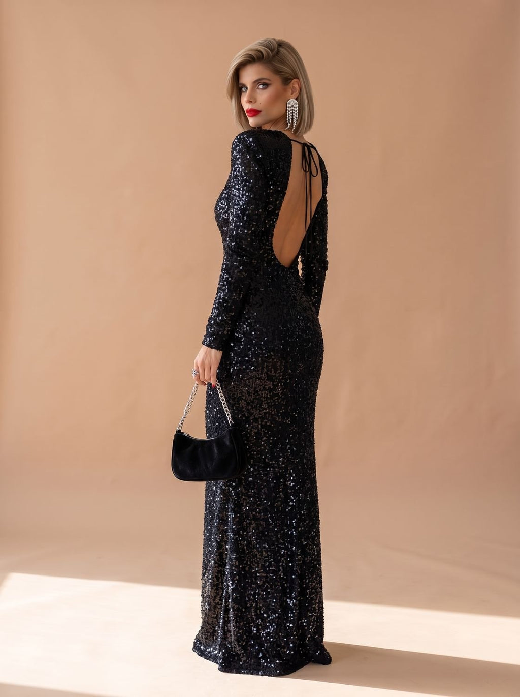 Emma | Women's Long-Sleeve Open-Back Sequin Maxi Dress