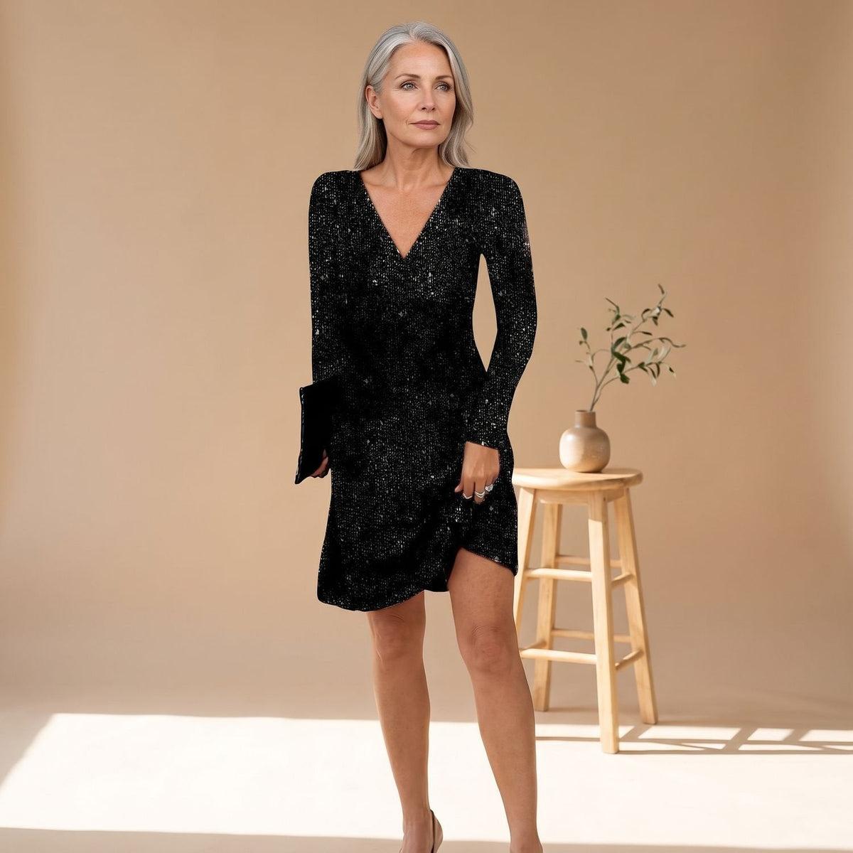 Grace | Women's Long-Sleeve V-Neck Sequin Mini Dress