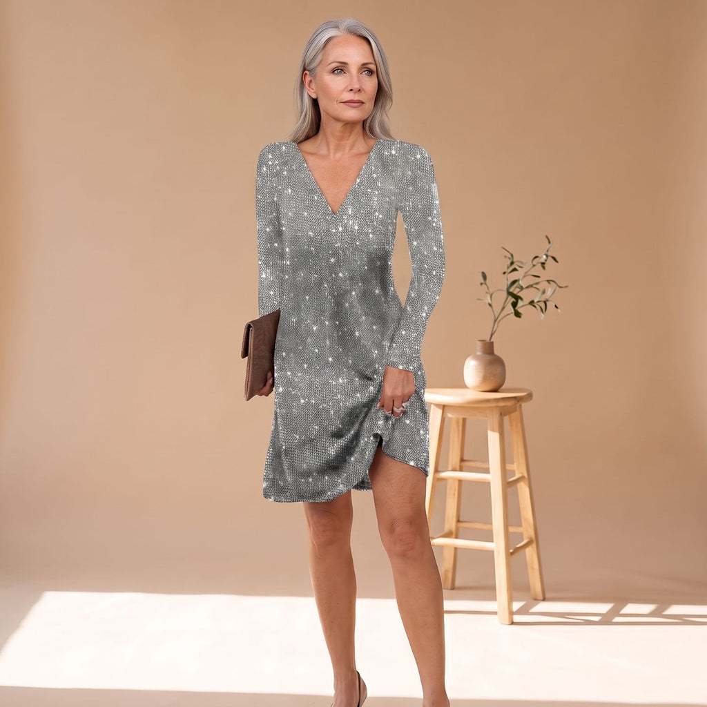 Grace | Women's Long-Sleeve V-Neck Sequin Mini Dress