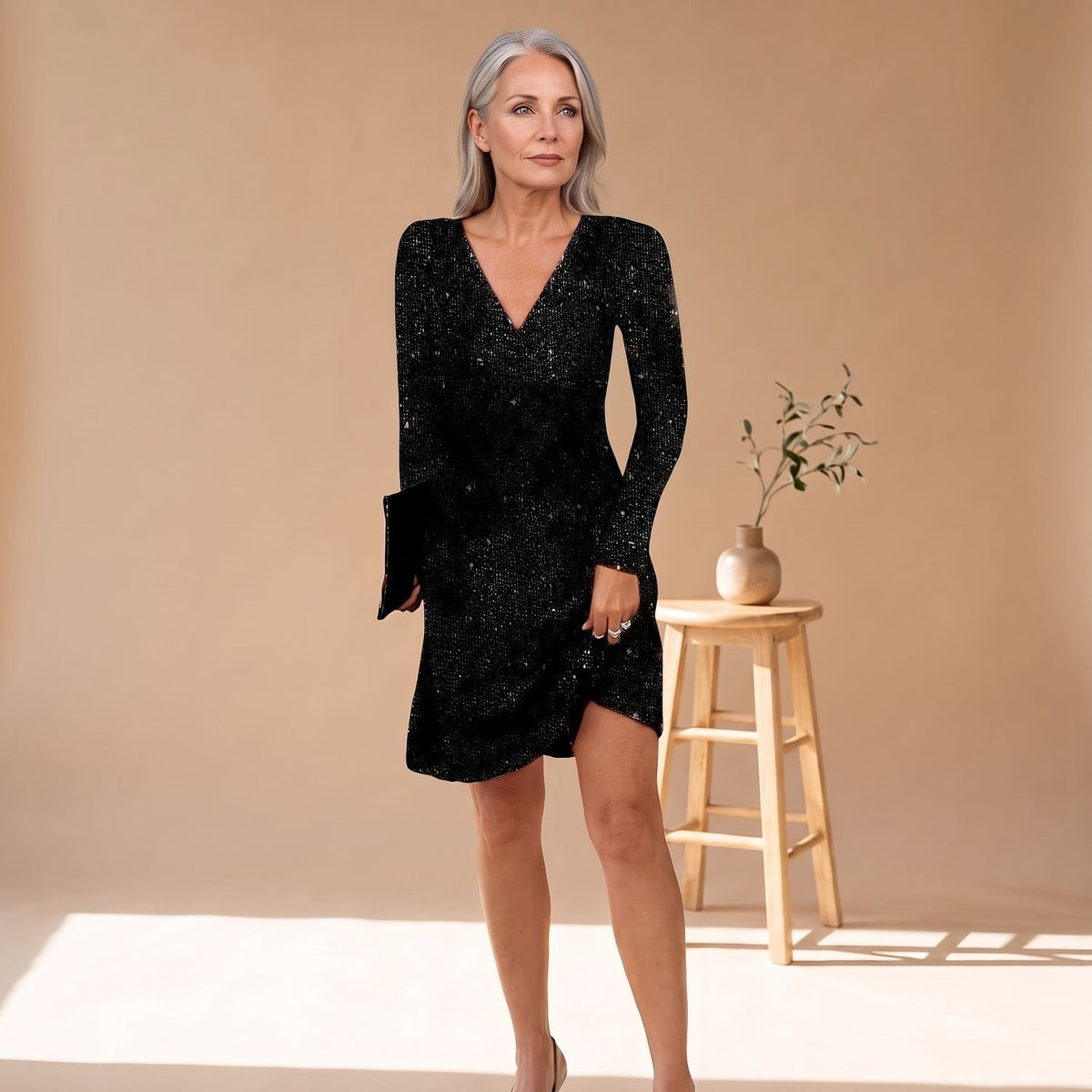 Grace | Women's Long-Sleeve V-Neck Sequin Mini Dress