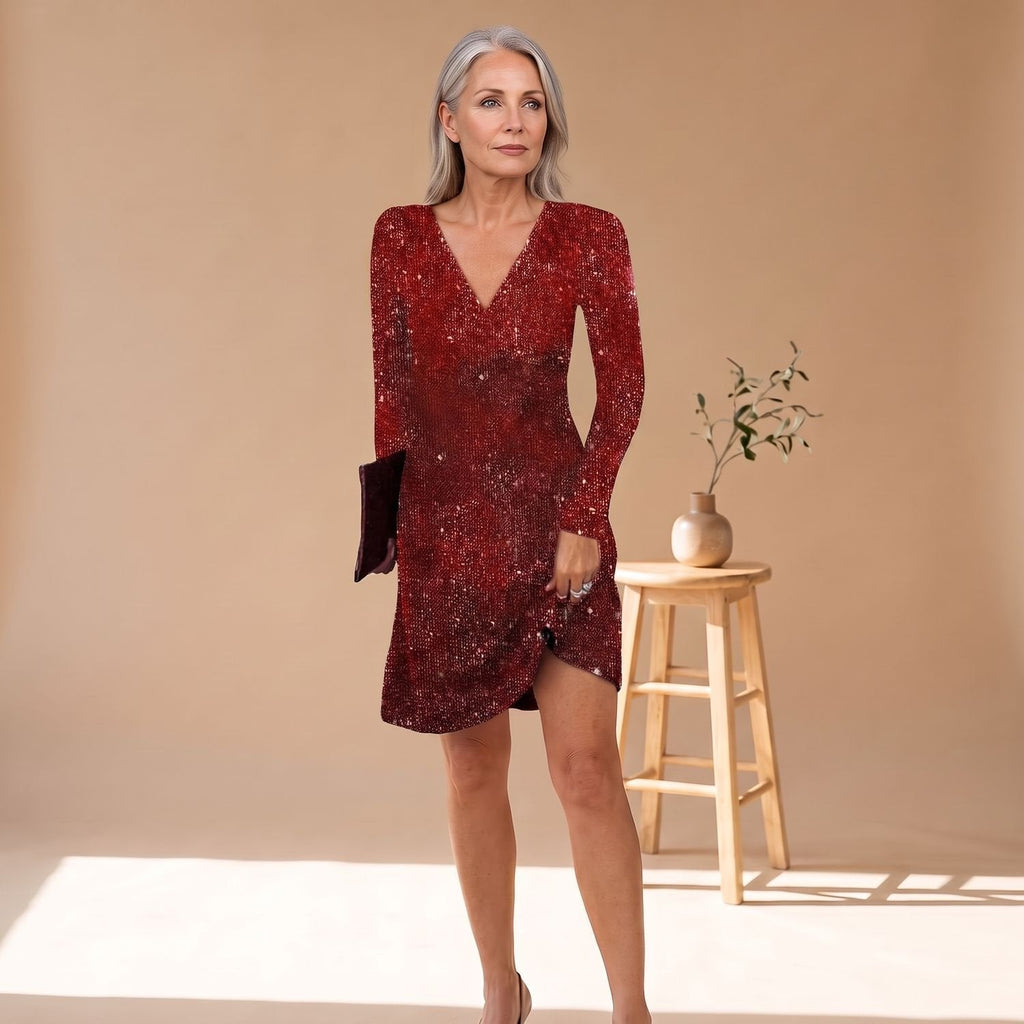 Grace | Women's Long-Sleeve V-Neck Sequin Mini Dress