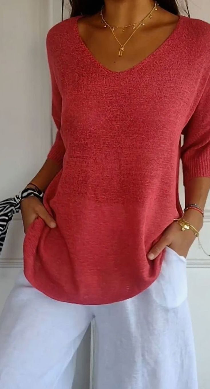 Women's Longline Loose-Fit V-Neck Knit Tunic Top
