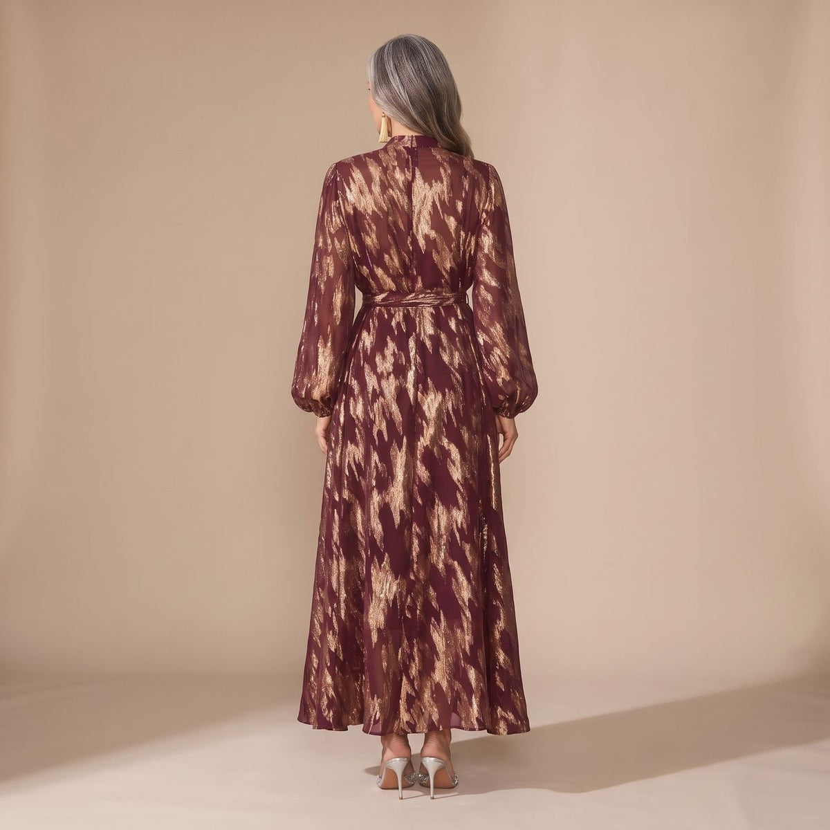 Penelope | Women's Metallic Puff-Sleeve Button-Front Maxi Dress