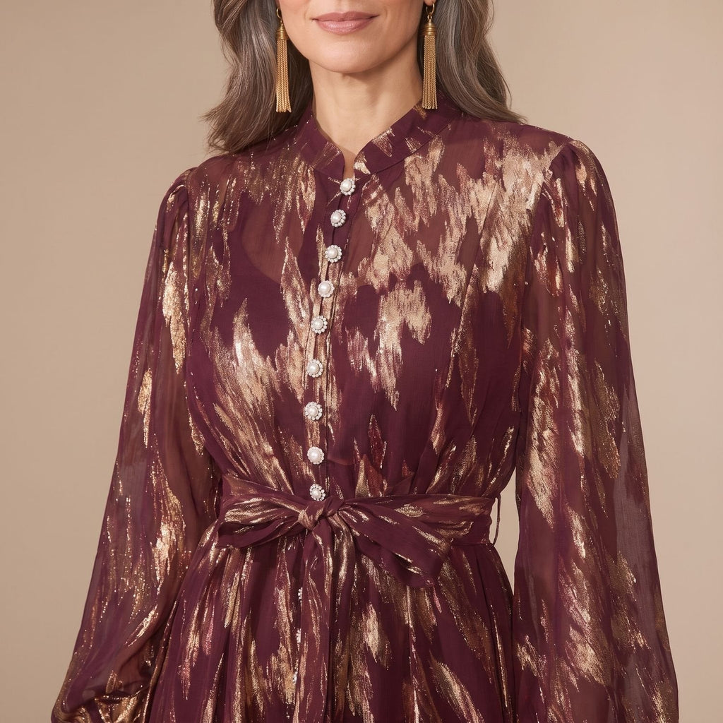 Penelope | Women's Metallic Puff-Sleeve Button-Front Maxi Dress