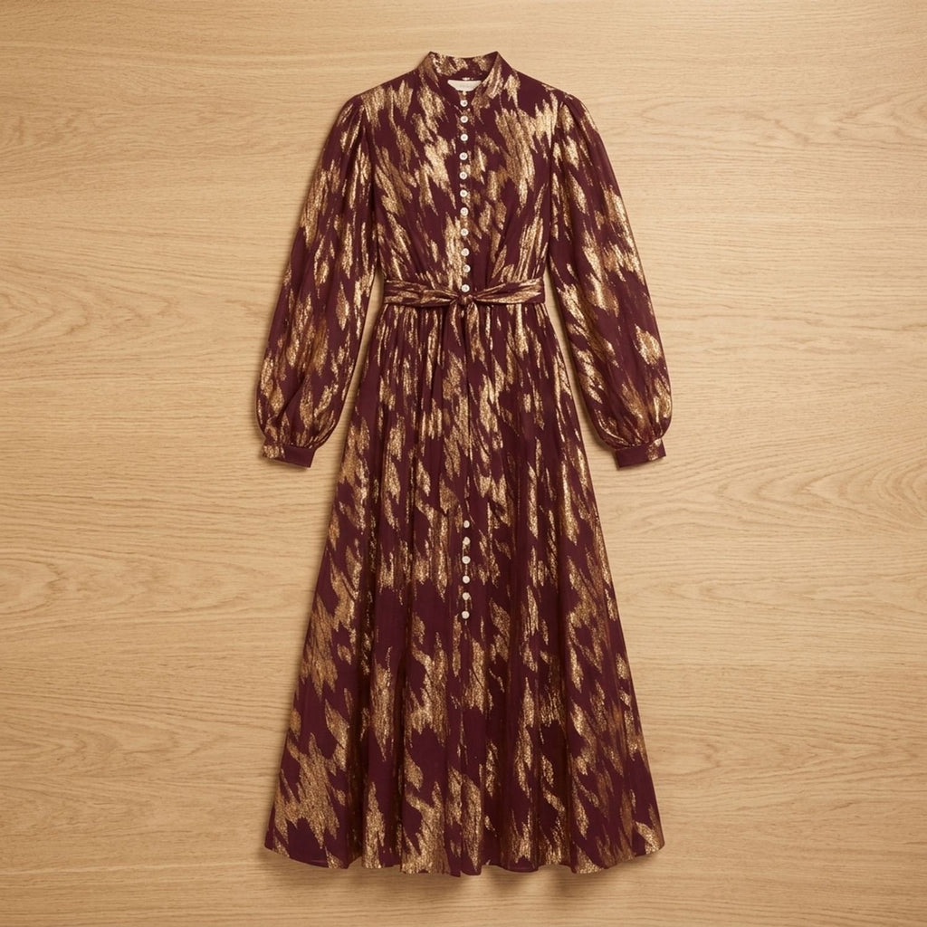 Penelope | Women's Metallic Puff-Sleeve Button-Front Maxi Dress