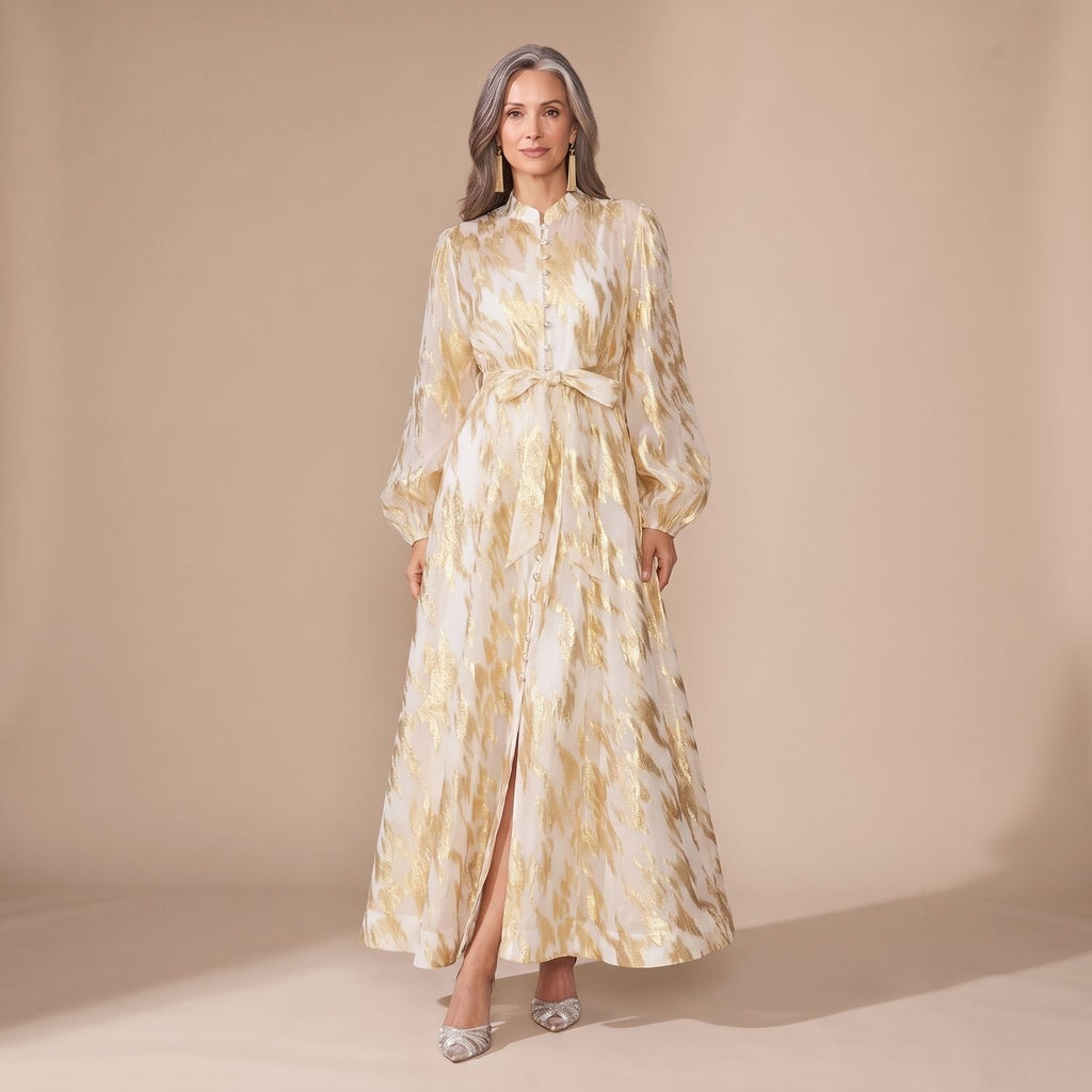 Penelope | Women's Metallic Puff-Sleeve Button-Front Maxi Dress