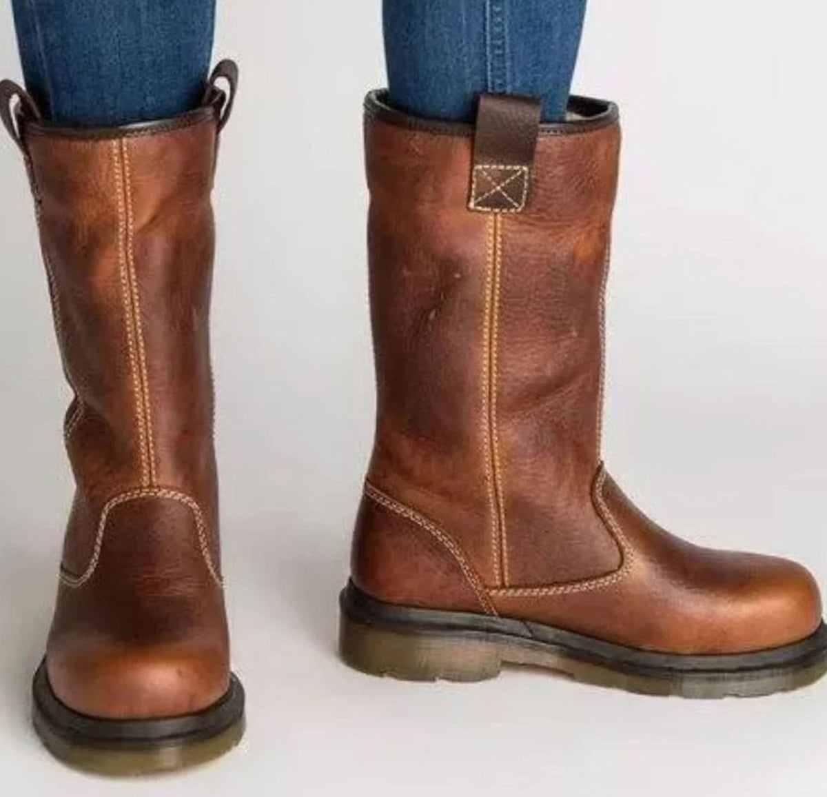 Women's Mid-Calf Round-Toe Lined Pull-On Leather Boots