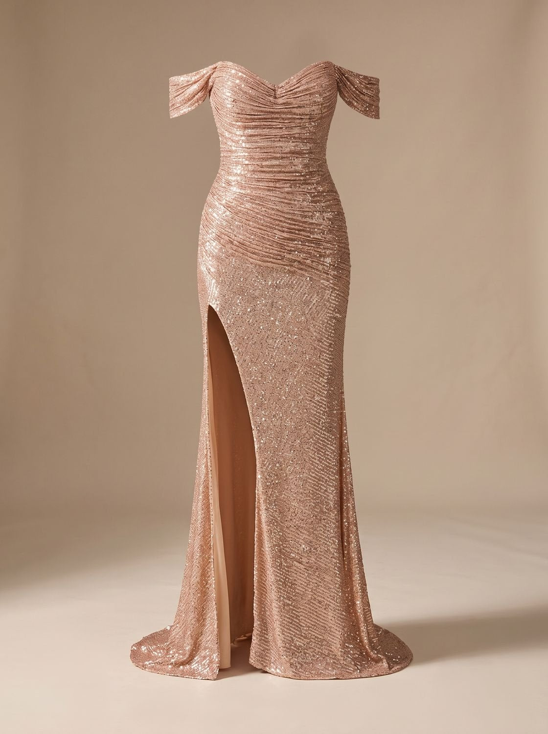 Layla | Women's Off-Shoulder Sequin Dress Ruched Mermaid Maxi Gown High Slit
