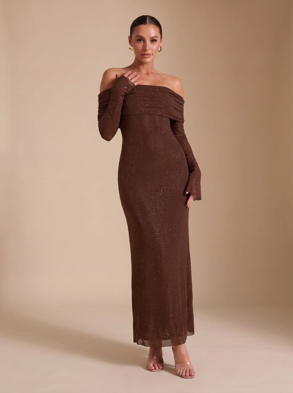Harper | Women's Off-Shoulder Sequin Maxi Dress Long-Sleeve Fitted