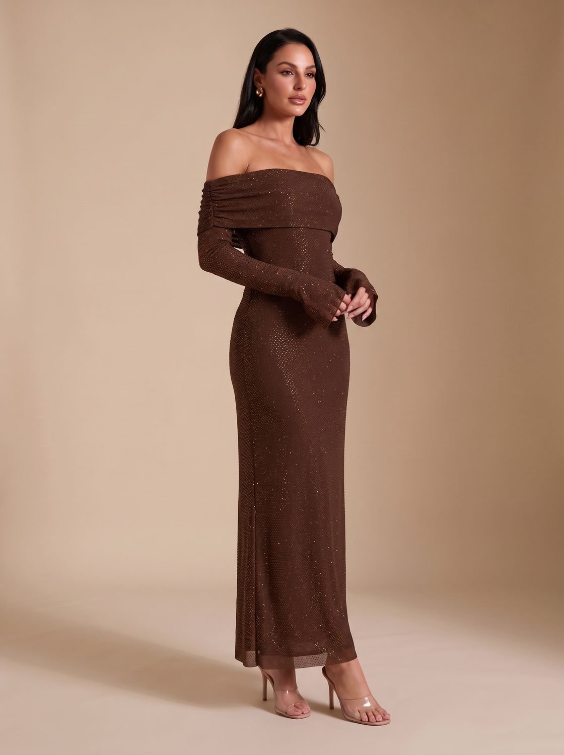 Harper | Women's Off-Shoulder Sequin Maxi Dress Long-Sleeve Fitted