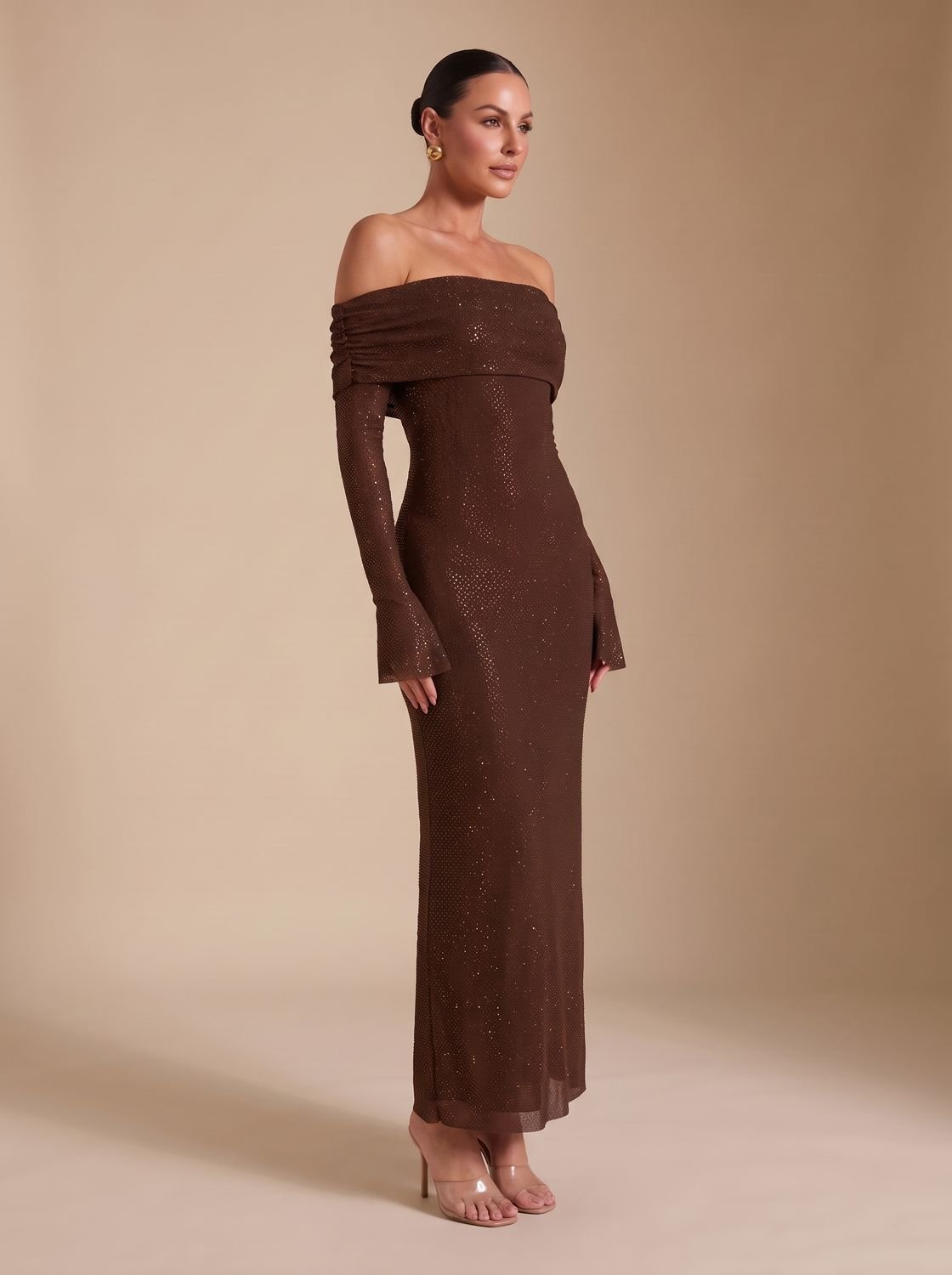 Harper | Women's Off-Shoulder Sequin Maxi Dress Long-Sleeve Fitted