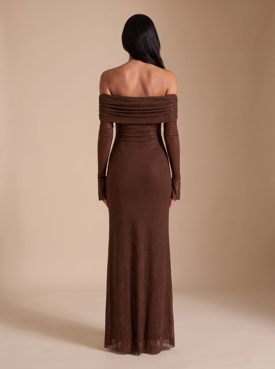 Harper | Women's Off-Shoulder Sequin Maxi Dress Long-Sleeve Fitted
