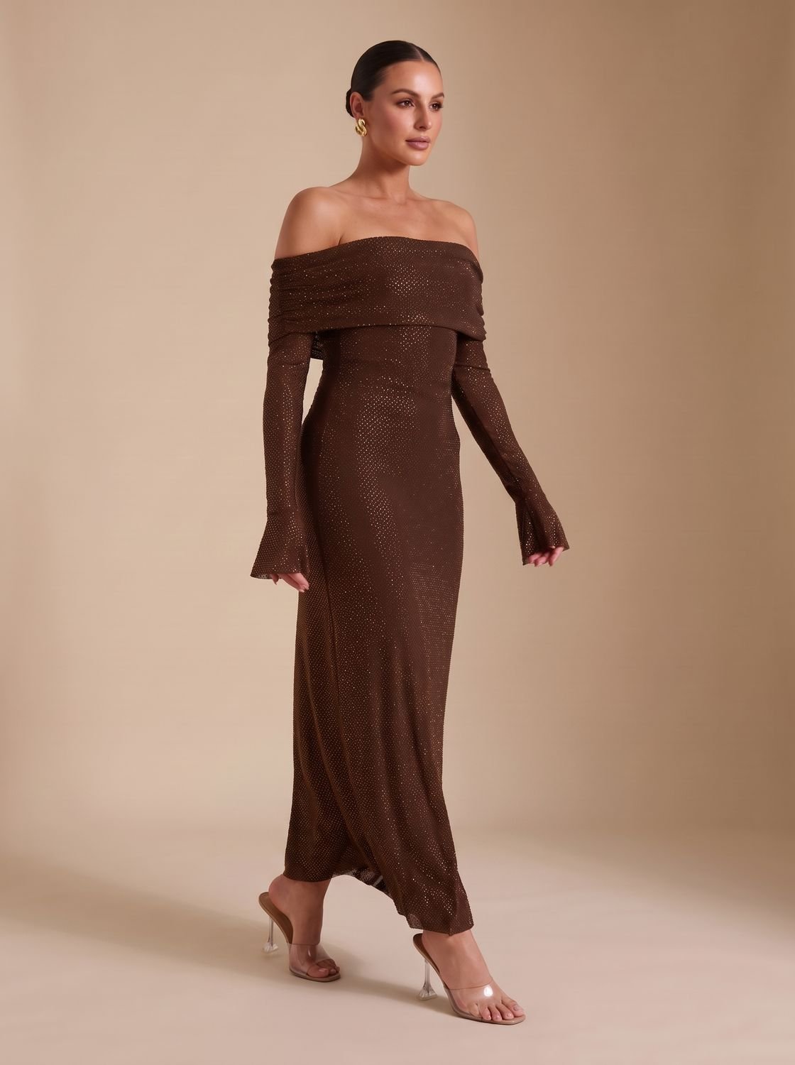 Harper | Women's Off-Shoulder Sequin Maxi Dress Long-Sleeve Fitted