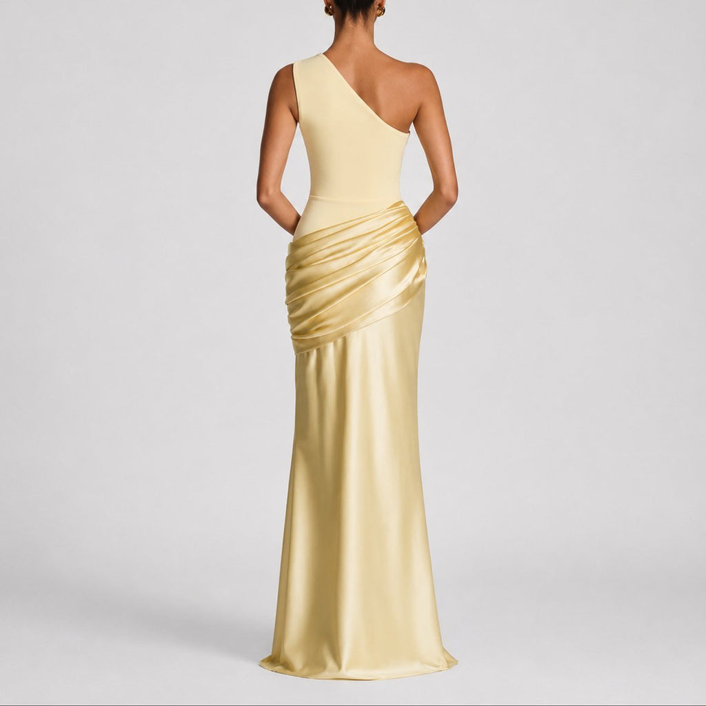 Women's One-Shoulder Draped Satin Maxi Fall Wedding Guest Dress