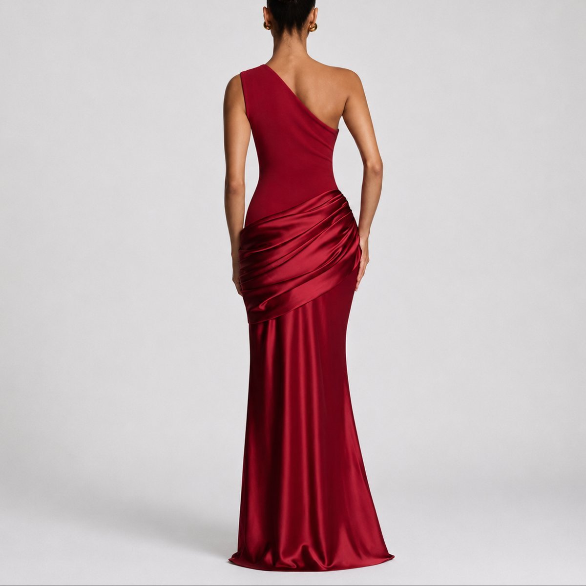 Women's One-Shoulder Draped Satin Maxi Fall Wedding Guest Dress