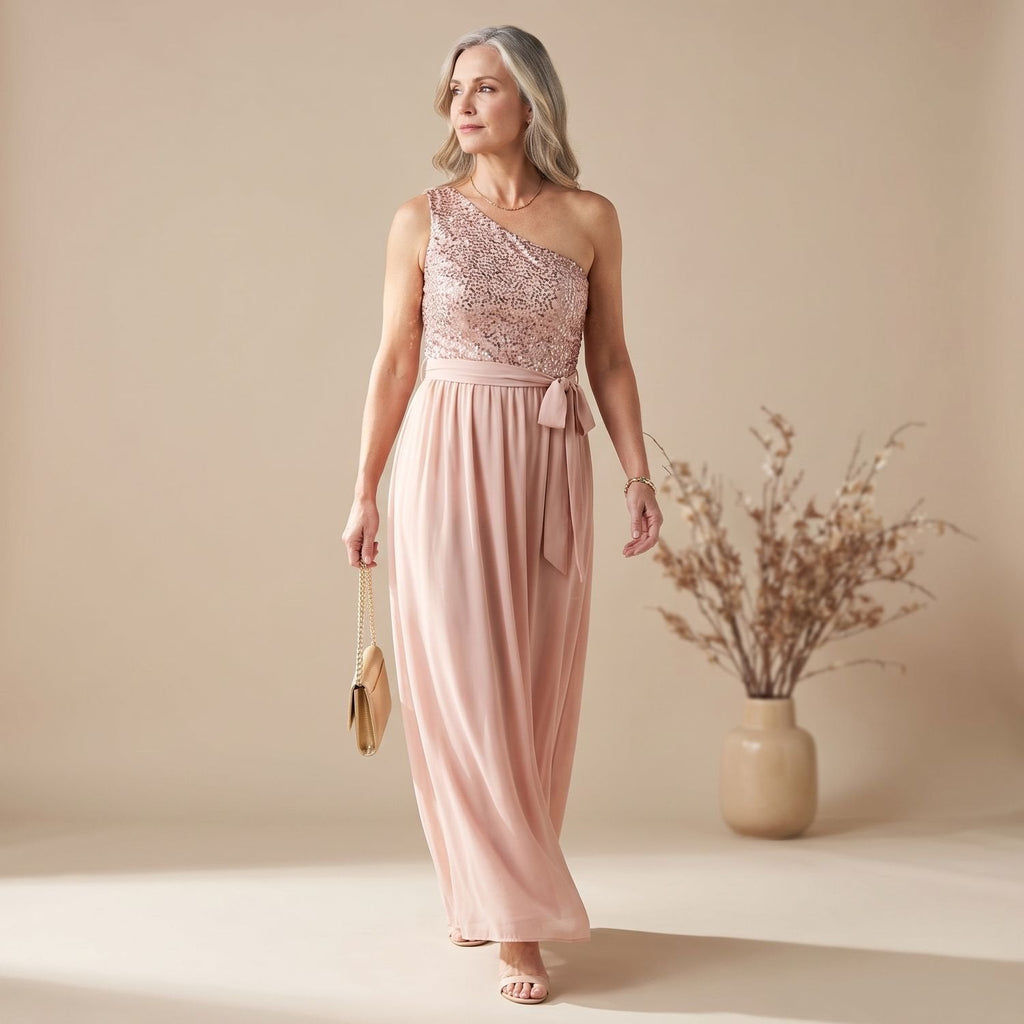 Penelope | Women's One-Shoulder Sequin Evening Dress Tie-Waist Slit