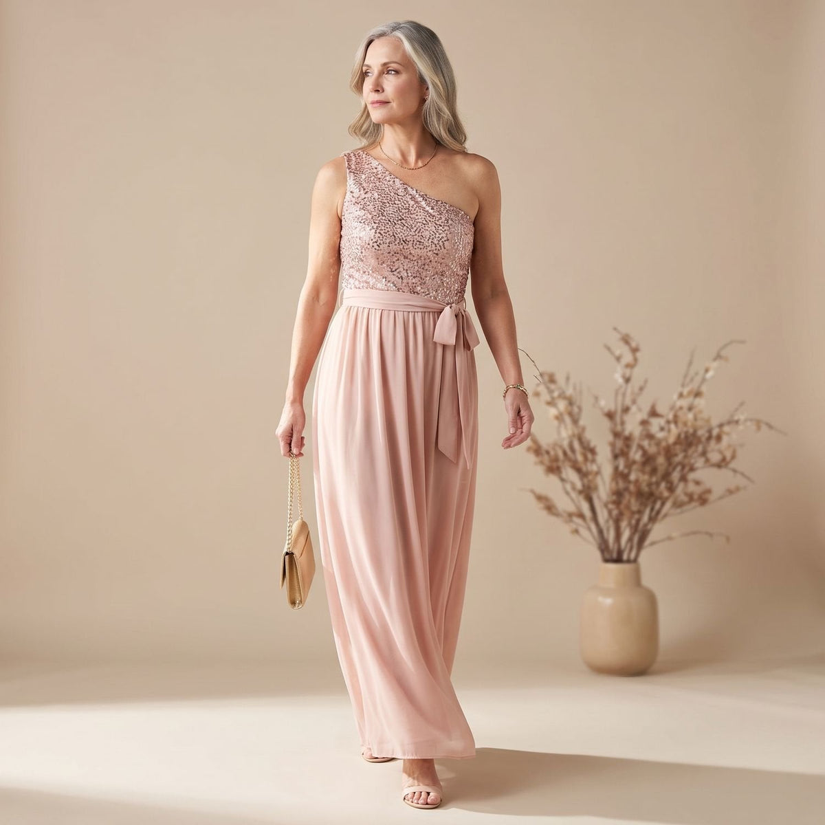Penelope | Women's One-Shoulder Sequin Evening Dress Tie-Waist Slit