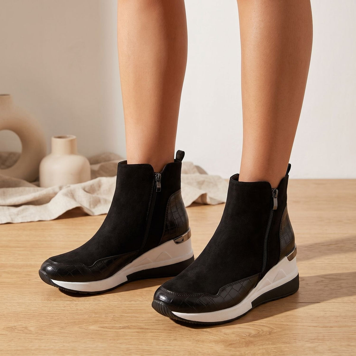 Layla | Women's Orthopedic Wedge Ankle Boots Side-Zip Croc-Detail