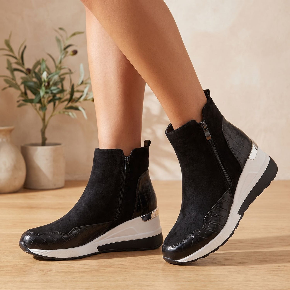 Layla | Women's Orthopedic Wedge Ankle Boots Side-Zip Croc-Detail