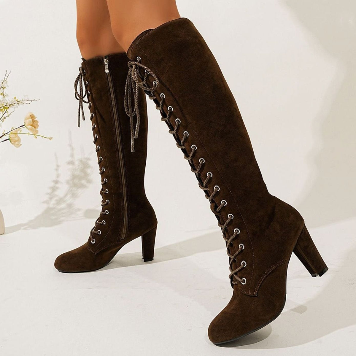 Harper | Women's Over-the-Knee High Boots Lace-Up Block Heel Suede