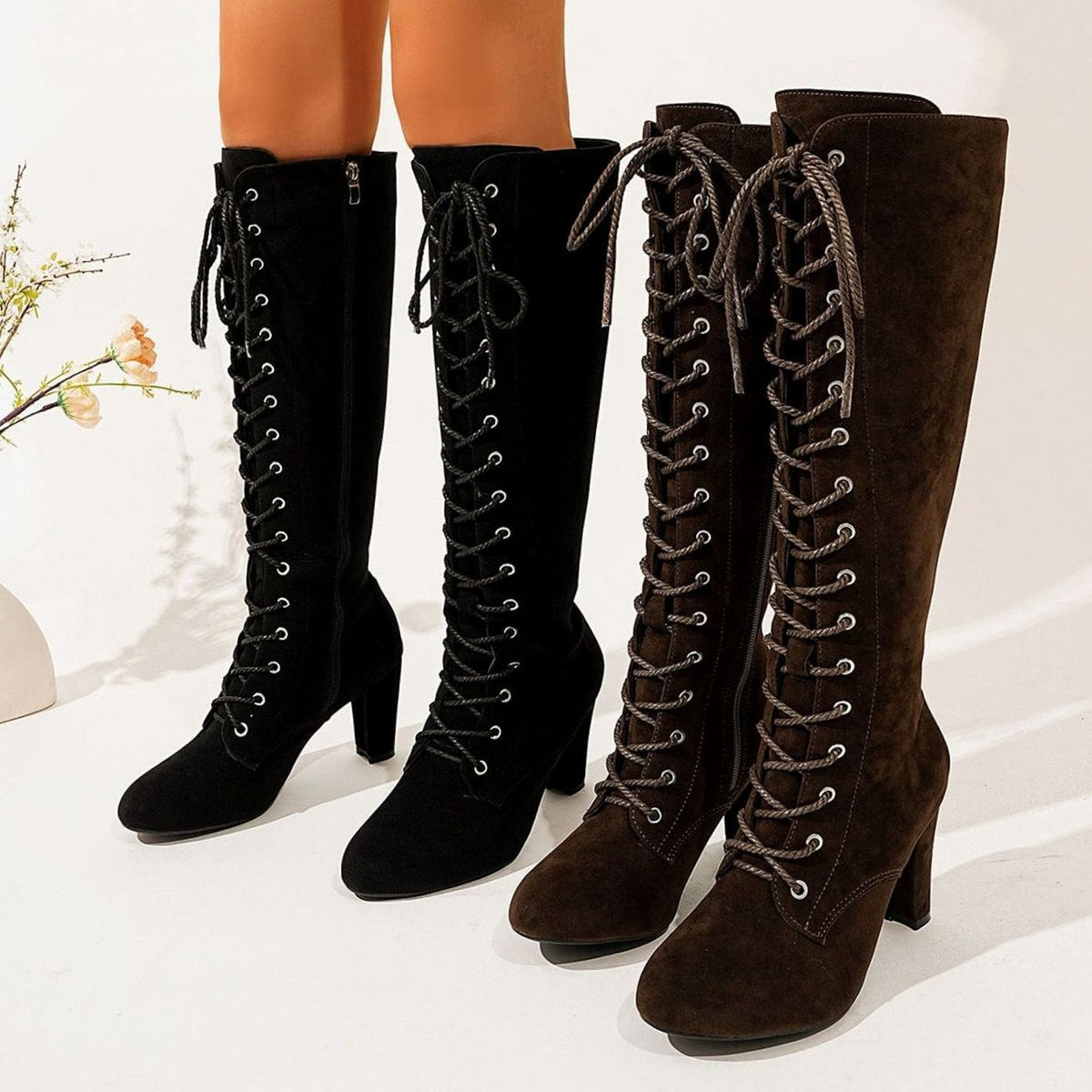 Harper | Women's Over-the-Knee High Boots Lace-Up Block Heel Suede
