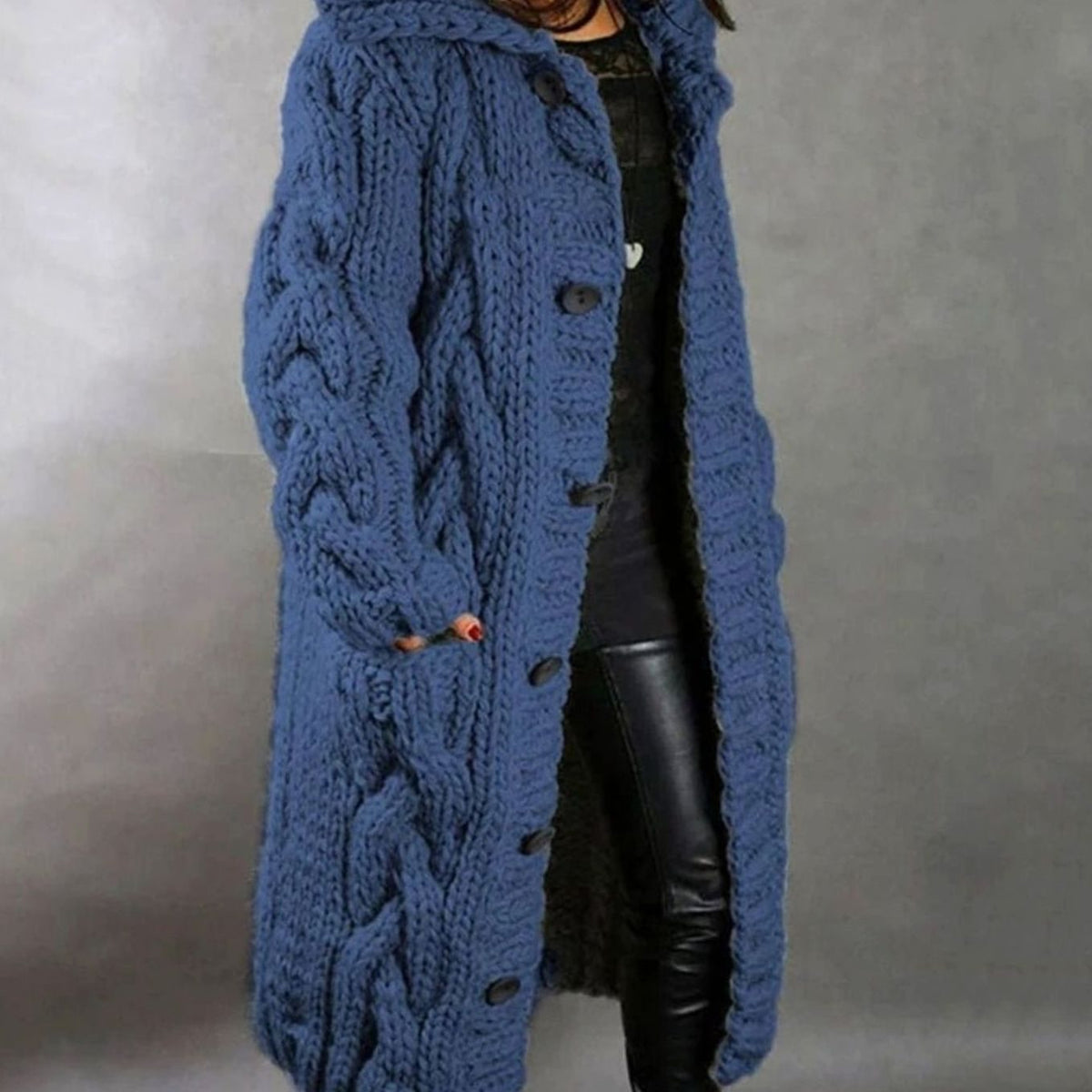 Women's Oversized Cable Knit Hooded Button Cardigan Long Coat