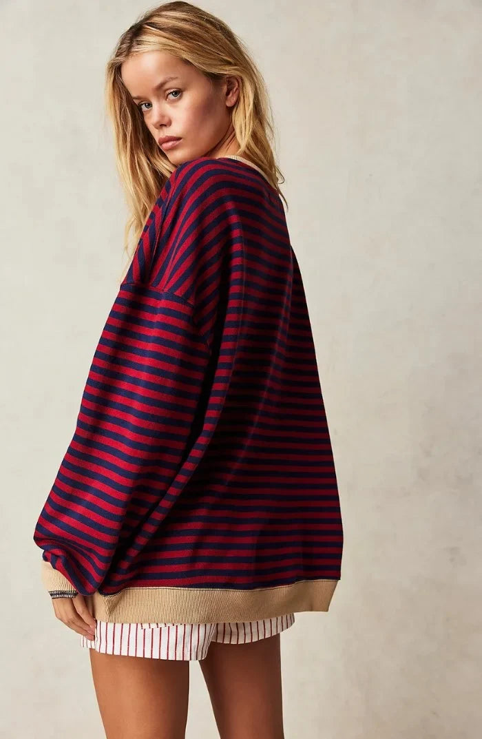 Women's oversized drop-shoulder striped contrast-trim sweatshirt
