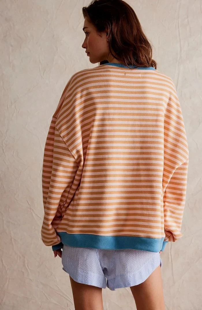 Women's oversized drop-shoulder striped contrast-trim sweatshirt