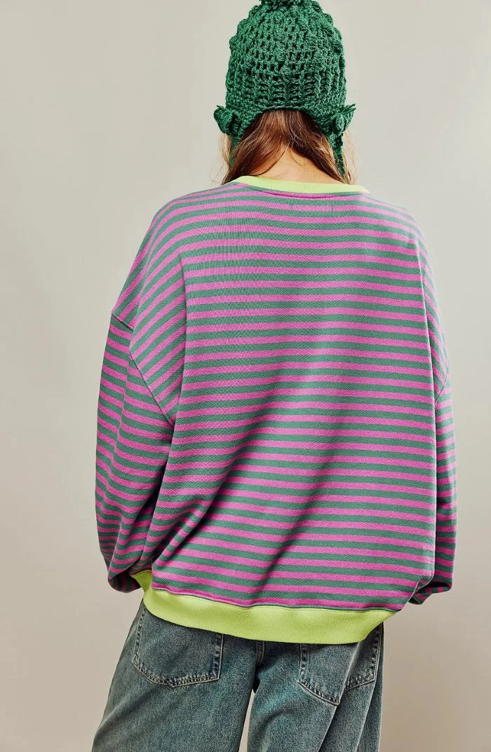Women's oversized drop-shoulder striped contrast-trim sweatshirt