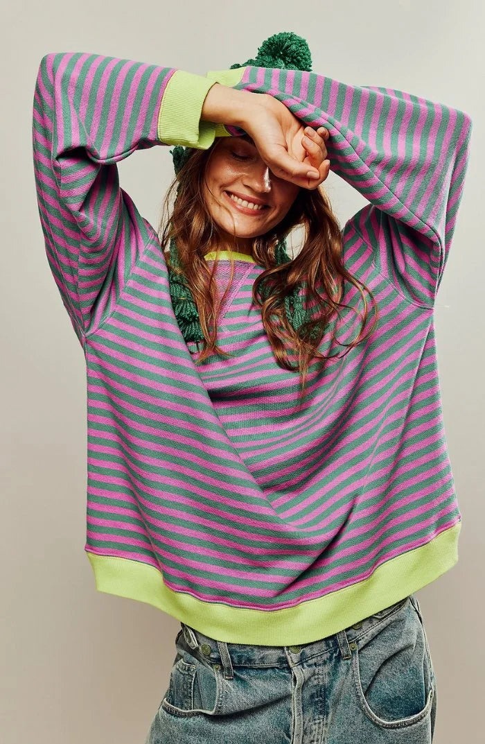 Women's oversized drop-shoulder striped contrast-trim sweatshirt