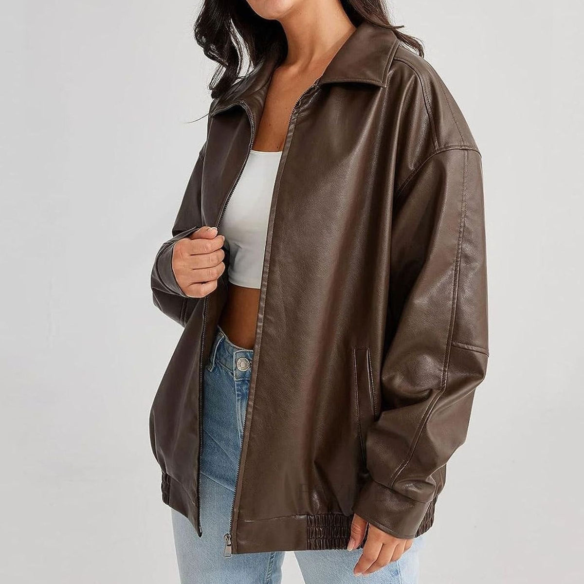 Women's Oversized Faux Leather Zip-Up Trendy Jacket