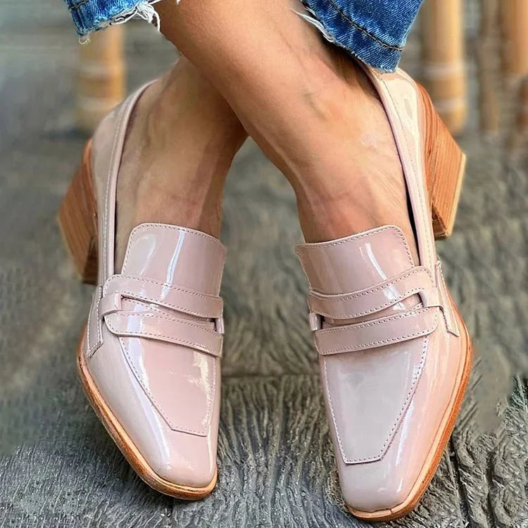 Women's patent leather loafers block heel slip-on comfort