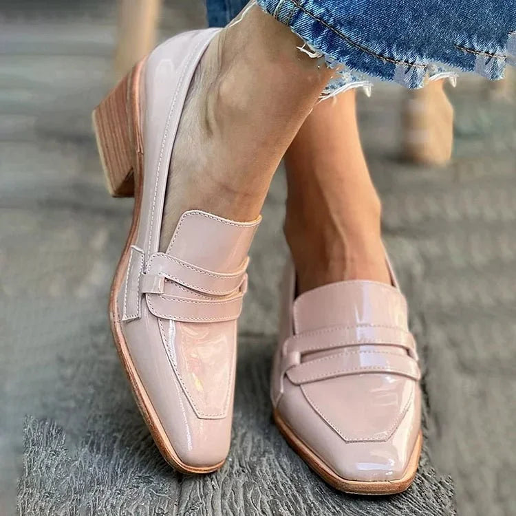Women's patent leather loafers block heel slip-on comfort